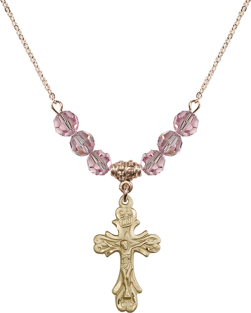 14kt Gold Filled Crucifix Birthstone Necklace with Light Rose Beads - 5421