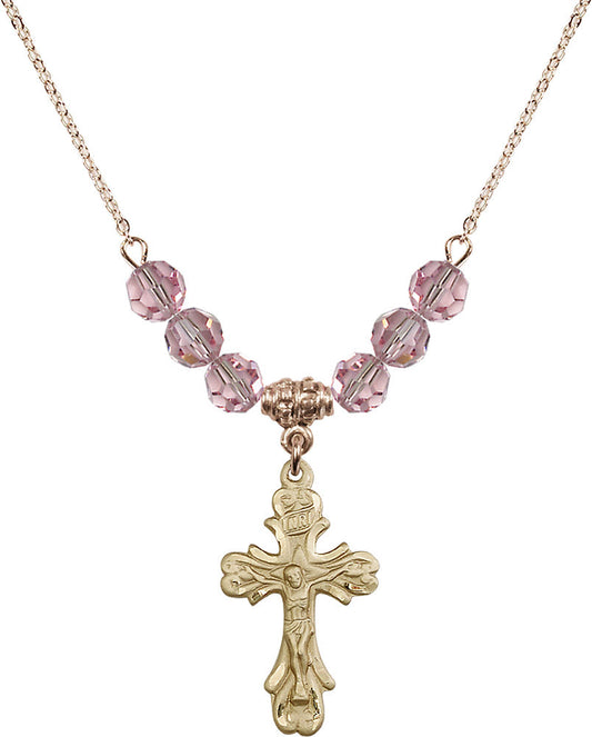 14kt Gold Filled Crucifix Birthstone Necklace with Light Rose Beads - 5421