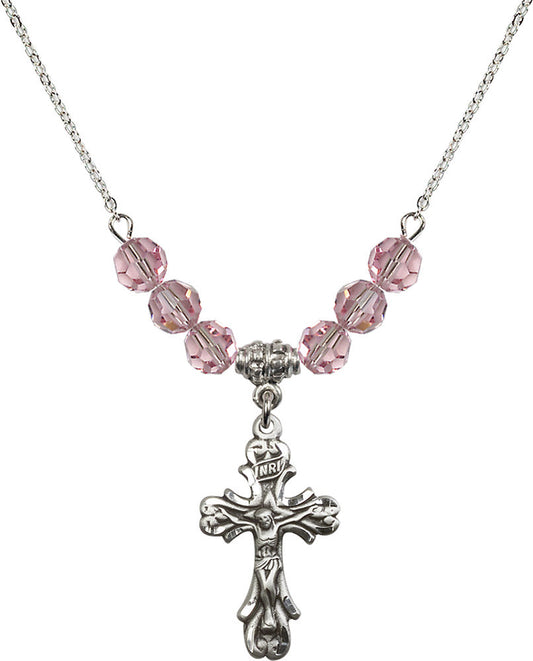 Sterling Silver Crucifix Birthstone Necklace with Light Rose Beads - 5421