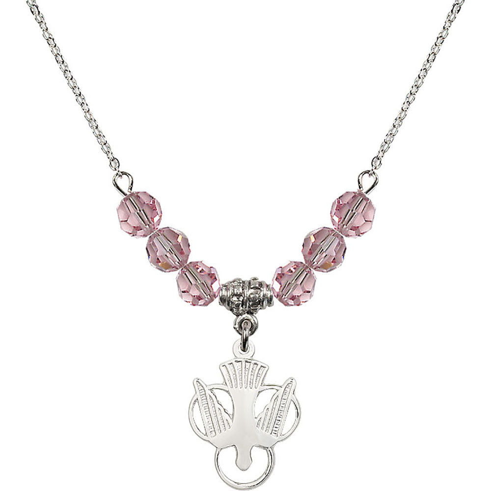 Sterling Silver Holy Spirit Birthstone Necklace with Light Rose Beads - 5430