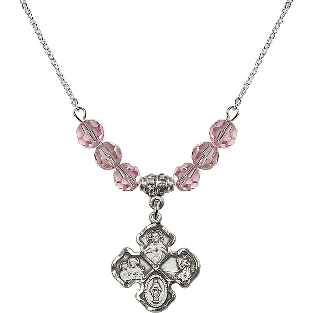 Sterling Silver 4-Way Birthstone Necklace with Light Rose Beads - 5441