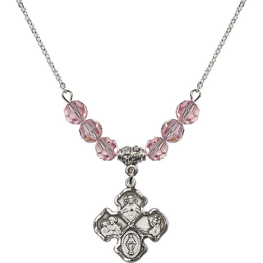 Sterling Silver 4-Way Birthstone Necklace with Light Rose Beads - 5441