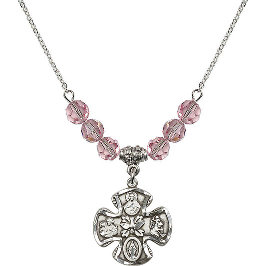 Sterling Silver 5-Way Birthstone Necklace with Light Rose Beads - 5443