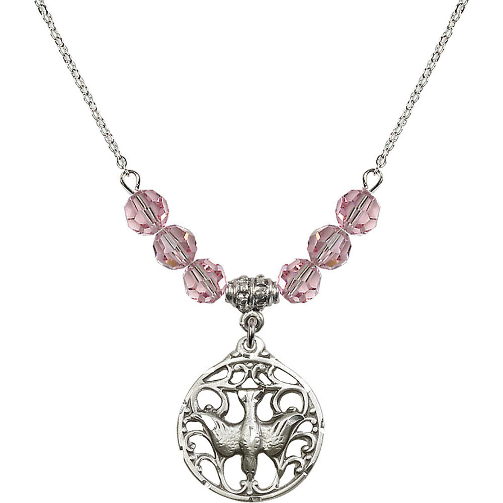 Sterling Silver Holy Spirit Birthstone Necklace with Light Rose Beads - 5655