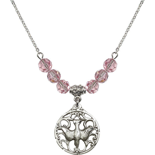 Sterling Silver Holy Spirit Birthstone Necklace with Light Rose Beads - 5655
