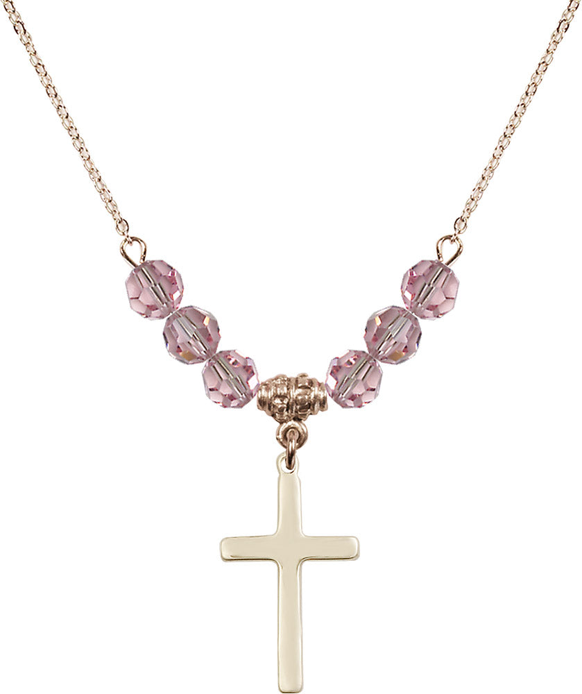 14kt Gold Filled Cross Birthstone Necklace with Light Rose Beads - 5670