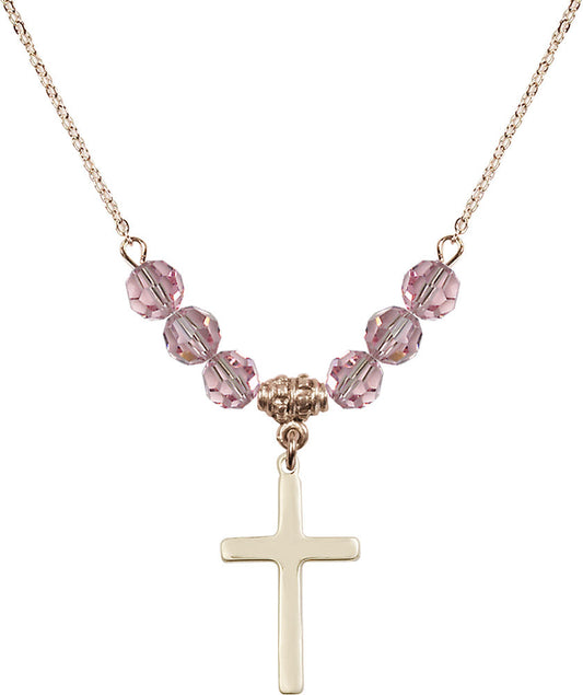14kt Gold Filled Cross Birthstone Necklace with Light Rose Beads - 5670