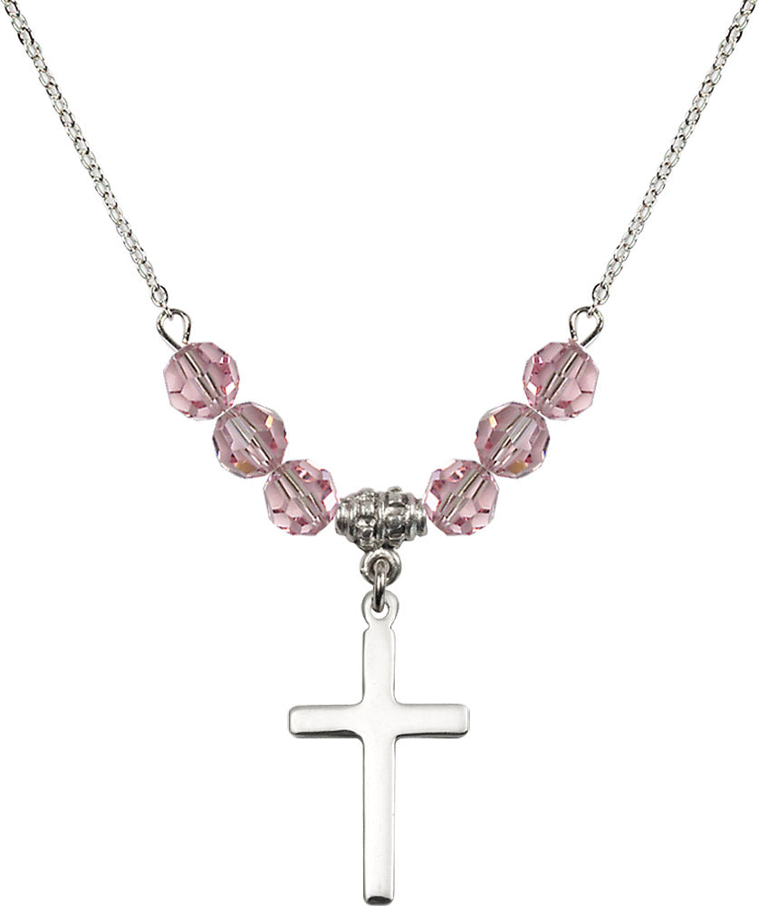 Sterling Silver Cross Birthstone Necklace with Light Rose Beads - 5670