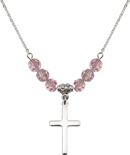 Sterling Silver Cross Birthstone Necklace with Light Rose Beads - 5670