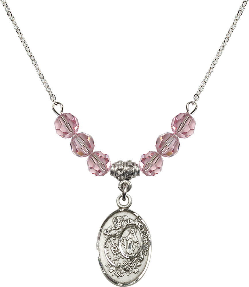 Sterling Silver Miraculous Birthstone Necklace with Light Rose Beads - 5682