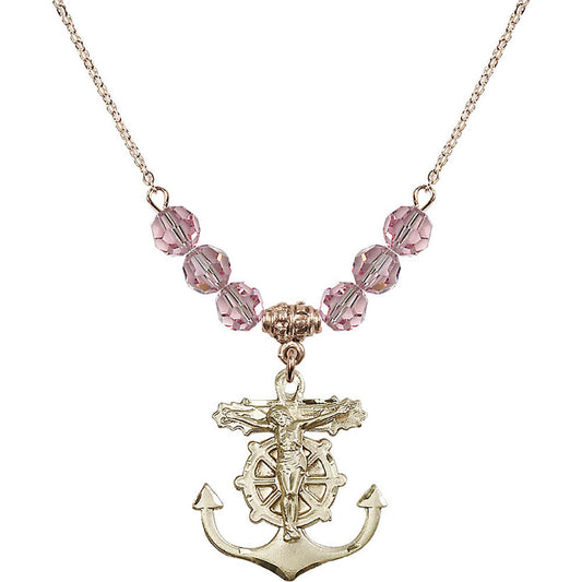 14kt Gold Filled Anchor Crucifix Birthstone Necklace with Light Rose Beads - 5685