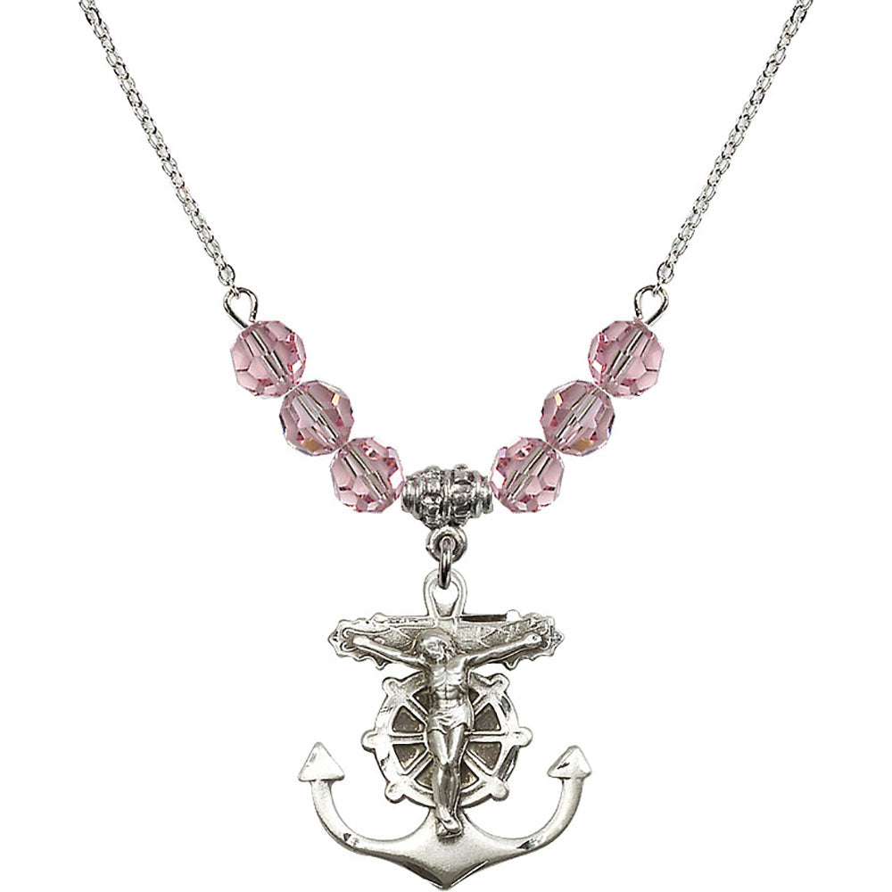 Sterling Silver Anchor Crucifix Birthstone Necklace with Light Rose Beads - 5685