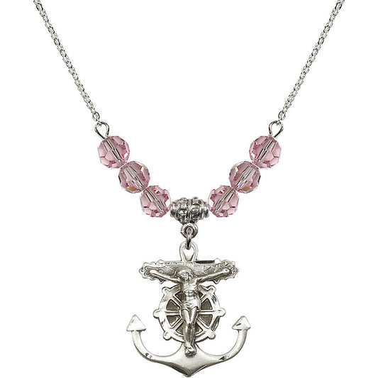 Sterling Silver Anchor Crucifix Birthstone Necklace with Light Rose Beads - 5685