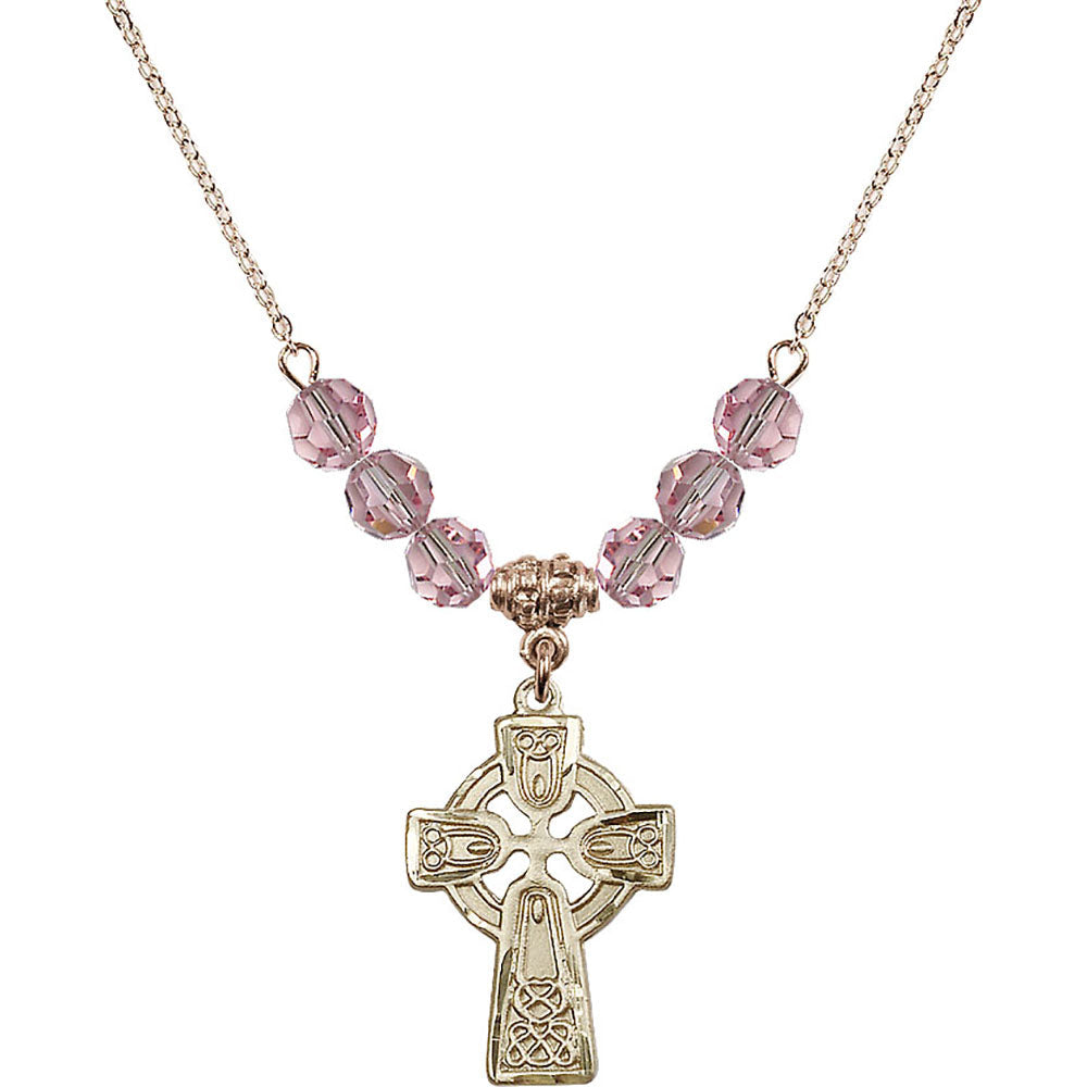 14kt Gold Filled Celtic Cross Birthstone Necklace with Light Rose Beads - 5689