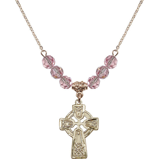 14kt Gold Filled Celtic Cross Birthstone Necklace with Light Rose Beads - 5689