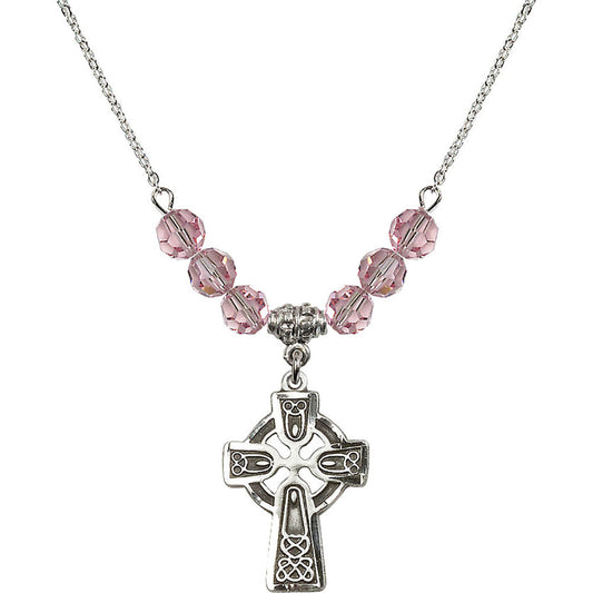 Sterling Silver Celtic Cross Birthstone Necklace with Light Rose Beads - 5689