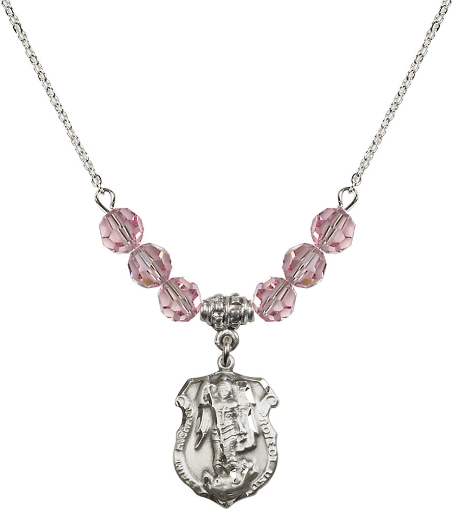 Sterling Silver Saint Michael the Archangel Birthstone Necklace with Light Rose Beads - 5692