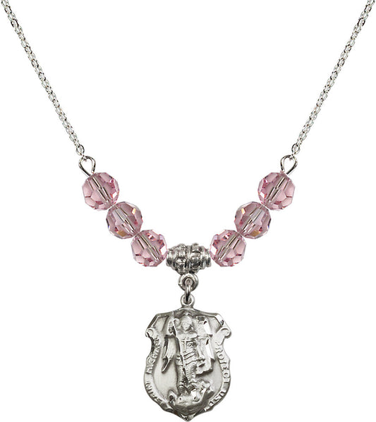 Sterling Silver Saint Michael the Archangel Birthstone Necklace with Light Rose Beads - 5692