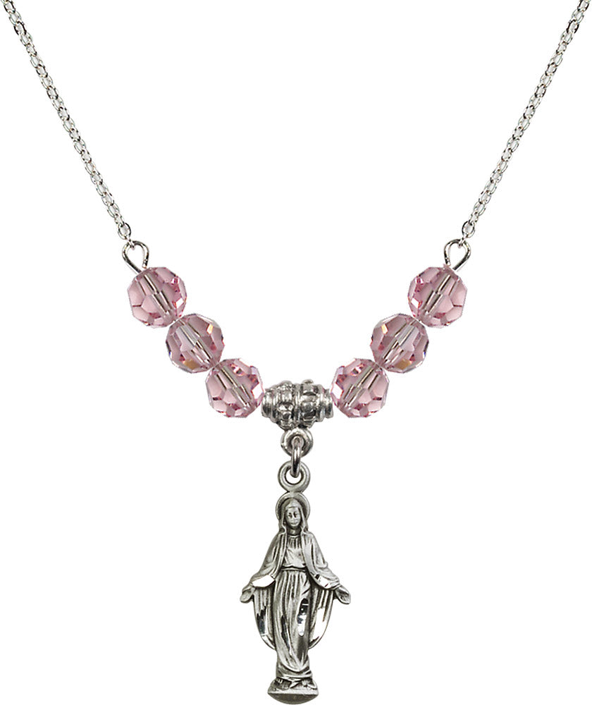 Sterling Silver Miraculous Birthstone Necklace with Light Rose Beads - 5900