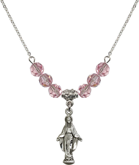 Sterling Silver Miraculous Birthstone Necklace with Light Rose Beads - 5900