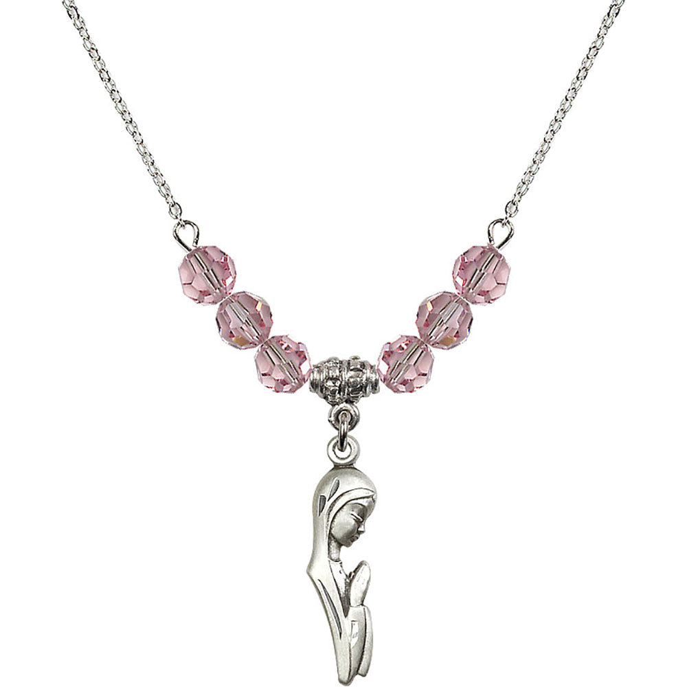 Sterling Silver Madonna Birthstone Necklace with Light Rose Beads - 5907