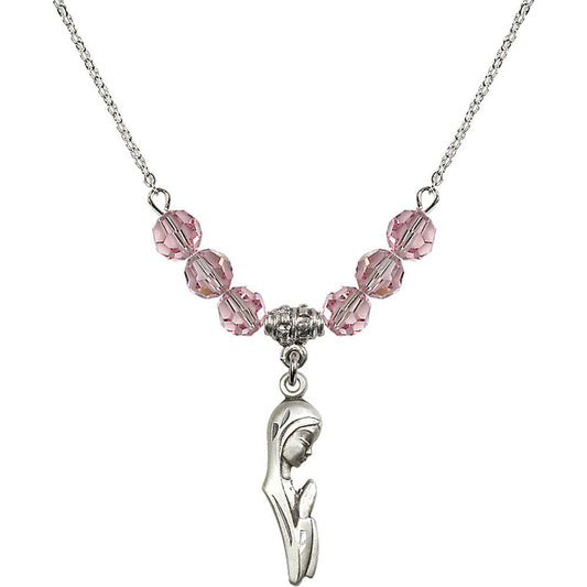 Sterling Silver Madonna Birthstone Necklace with Light Rose Beads - 5907