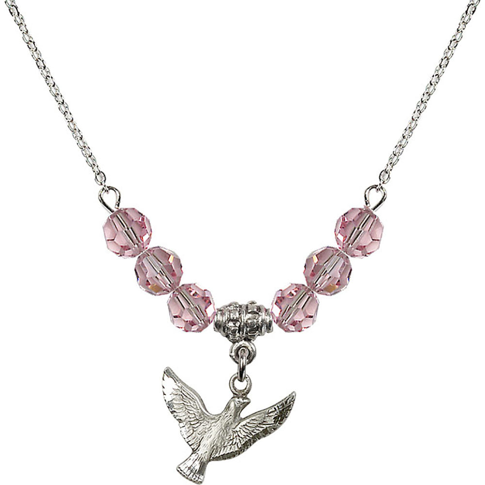 Sterling Silver Holy Spirit Birthstone Necklace with Light Rose Beads - 5912