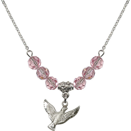 Sterling Silver Holy Spirit Birthstone Necklace with Light Rose Beads - 5912