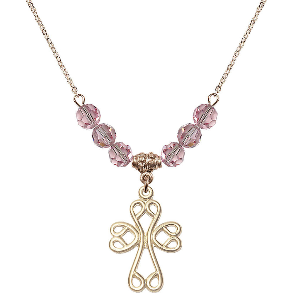 14kt Gold Filled Scroll Cross Birthstone Necklace with Light Rose Beads - 5998