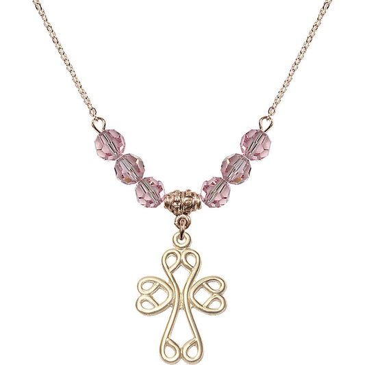 14kt Gold Filled Scroll Cross Birthstone Necklace with Light Rose Beads - 5998
