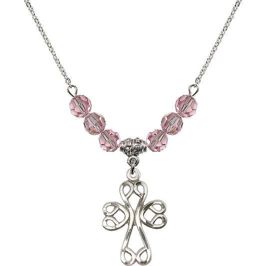 Sterling Silver Scroll Cross Birthstone Necklace with Light Rose Beads - 5998