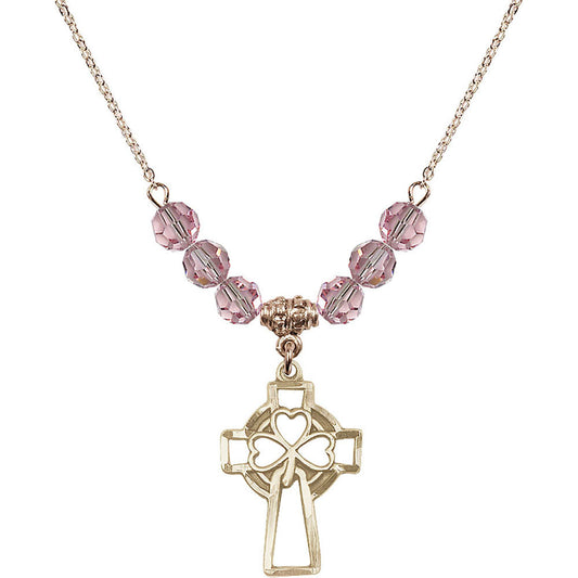 14kt Gold Filled Shamrock Cross Birthstone Necklace with Light Rose Beads - 5999