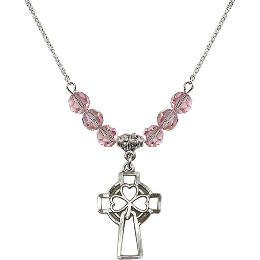 Sterling Silver Shamrock Cross Birthstone Necklace with Light Rose Beads - 5999