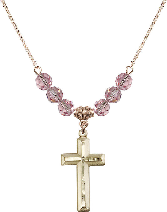 14kt Gold Filled Cross Birthstone Necklace with Light Rose Beads - 6000