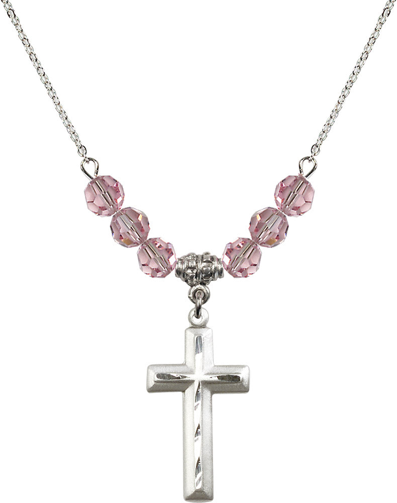 Sterling Silver Cross Birthstone Necklace with Light Rose Beads - 6000