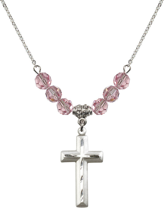 Sterling Silver Cross Birthstone Necklace with Light Rose Beads - 6000