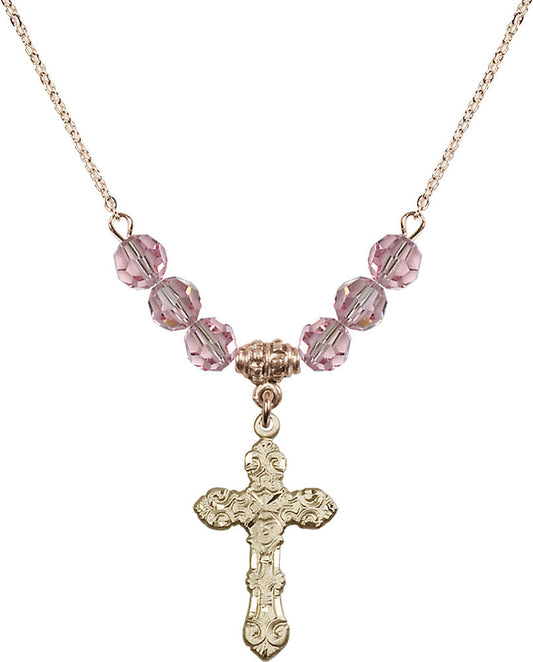 14kt Gold Filled Cross Birthstone Necklace with Light Rose Beads - 6001