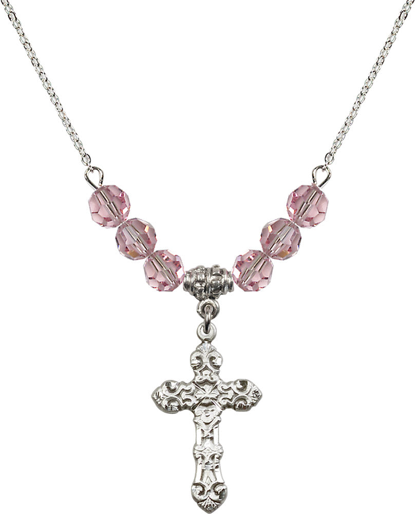 Sterling Silver Cross Birthstone Necklace with Light Rose Beads - 6001