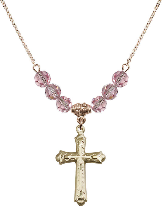 14kt Gold Filled Cross Birthstone Necklace with Light Rose Beads - 6007