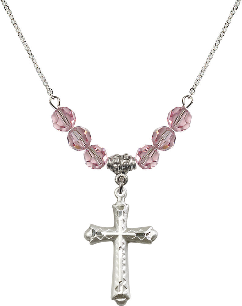 Sterling Silver Cross Birthstone Necklace with Light Rose Beads - 6007