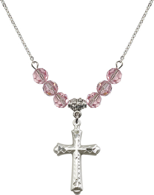 Sterling Silver Cross Birthstone Necklace with Light Rose Beads - 6007