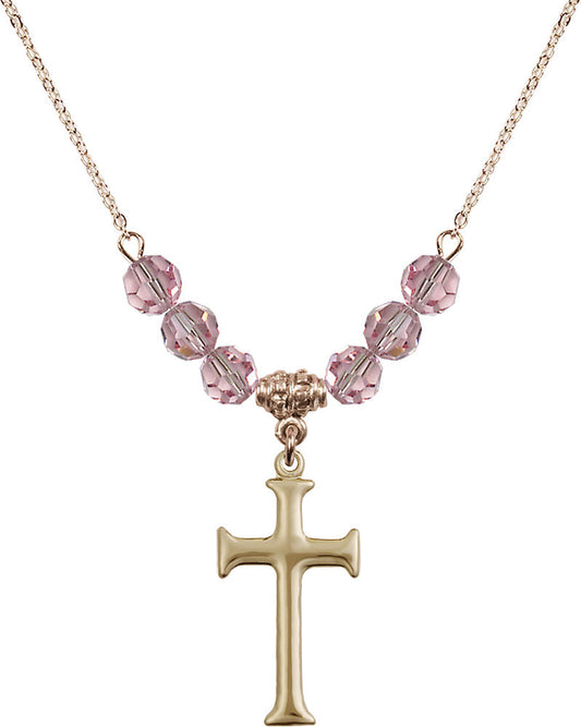 14kt Gold Filled Cross Birthstone Necklace with Light Rose Beads - 6008