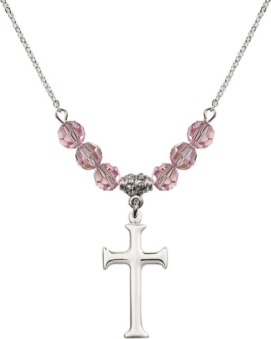 Sterling Silver Cross Birthstone Necklace with Light Rose Beads - 6008