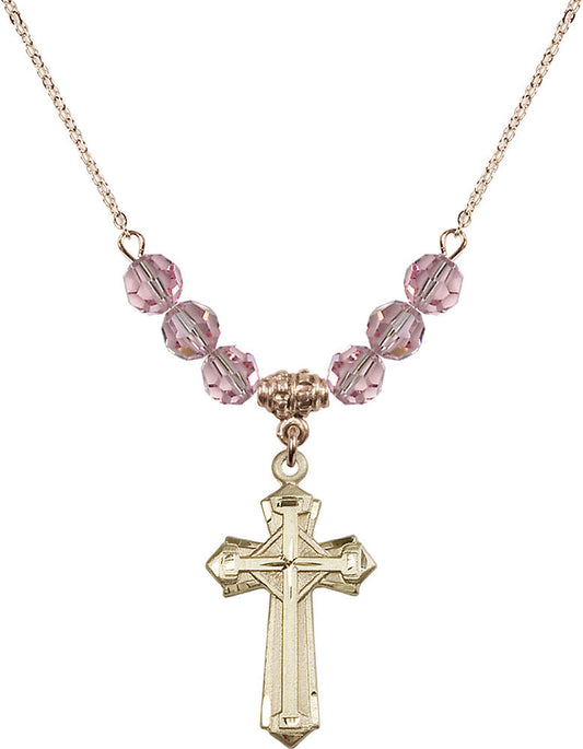 14kt Gold Filled Cross Birthstone Necklace with Light Rose Beads - 6012