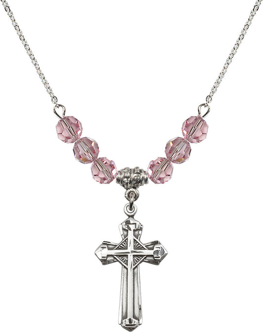Sterling Silver Cross Birthstone Necklace with Light Rose Beads - 6012
