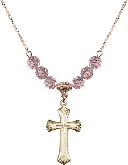 14kt Gold Filled Cross Birthstone Necklace with Light Rose Beads - 6013