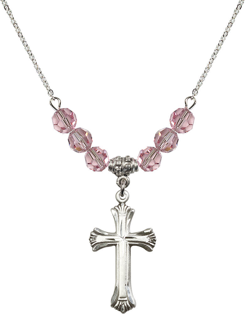 Sterling Silver Cross Birthstone Necklace with Light Rose Beads - 6013
