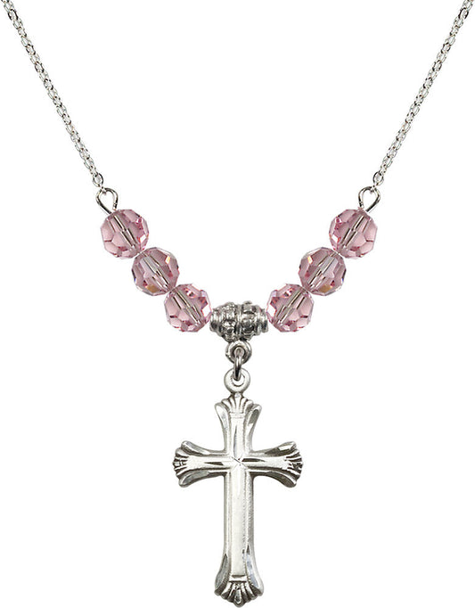 Sterling Silver Cross Birthstone Necklace with Light Rose Beads - 6013