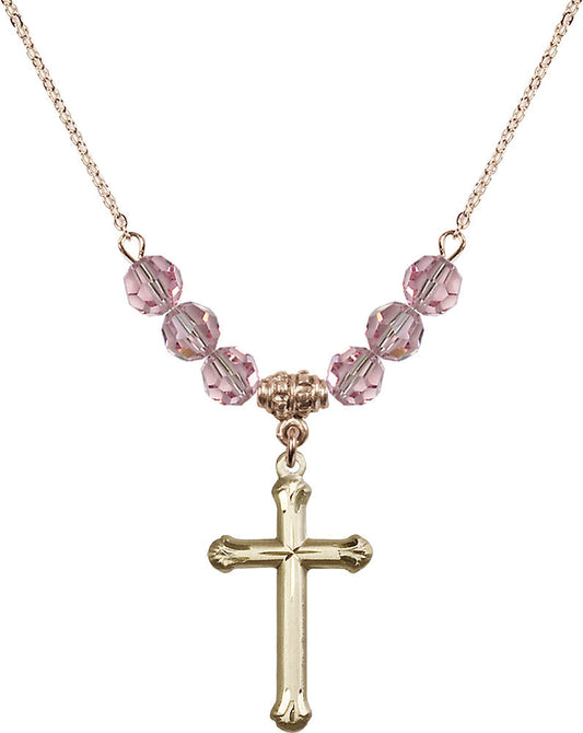 14kt Gold Filled Cross Birthstone Necklace with Light Rose Beads - 6022