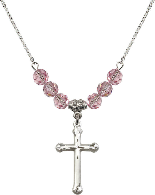 Sterling Silver Cross Birthstone Necklace with Light Rose Beads - 6022
